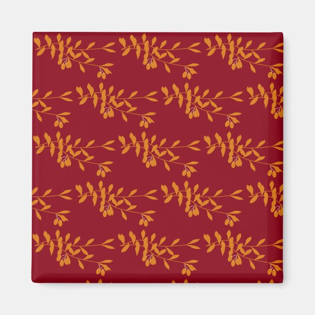 Aimant Feuilles de branches de silhouette orange sur roug (Devant)