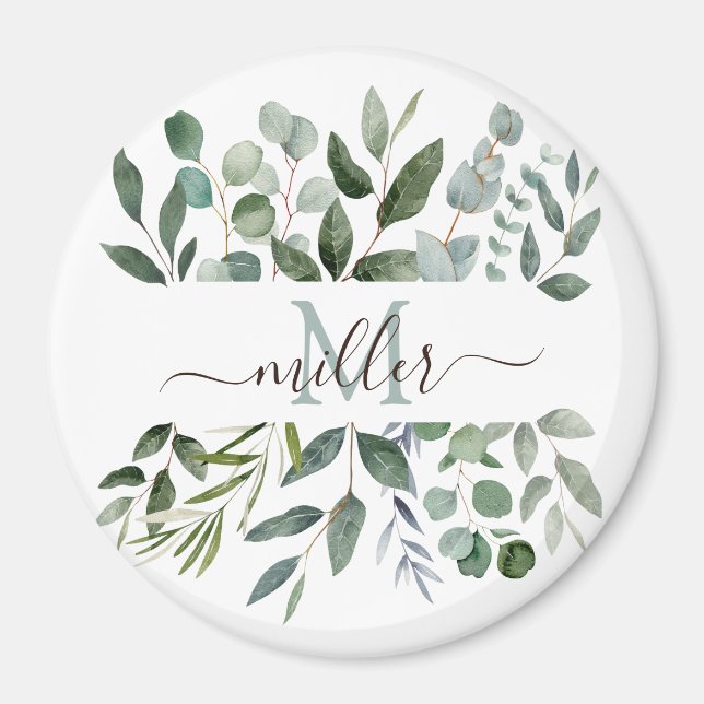 Aimant Feuilles de Monogramme Vert Sauge Eucalyptus   (Devant)