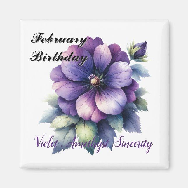 Aimant Février Anniversaire Améthyste et Violets (Devant)