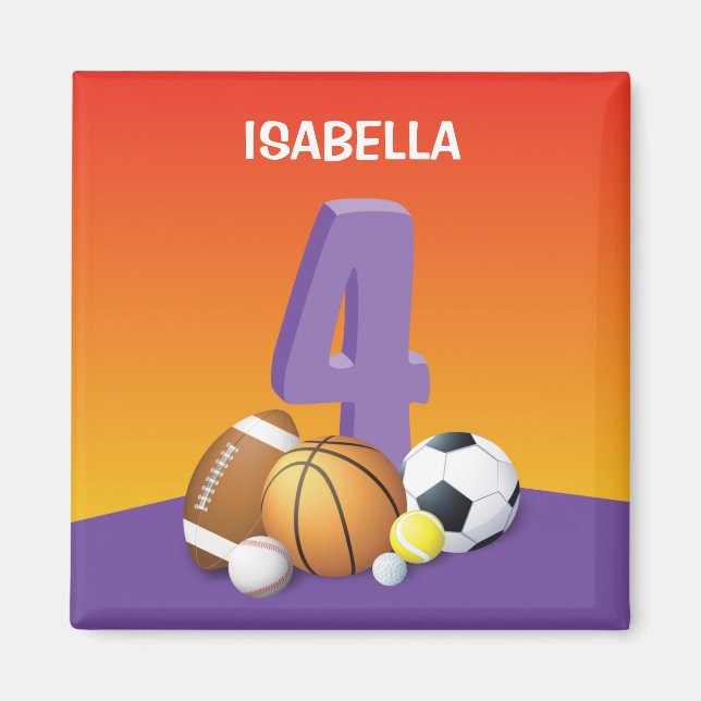 Aimant Fille 4e anniversaire des balles de sport (Devant)