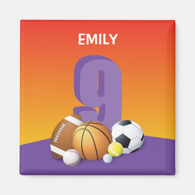 Aimant Fille 9e anniversaire des balles de sport (Devant)