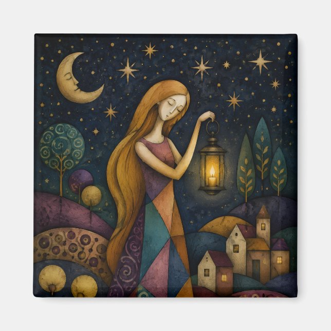 AIMANT FILLE À LA LANTERNE SOUS UN CIEL ÉTOILÉ BLEU (Devant)
