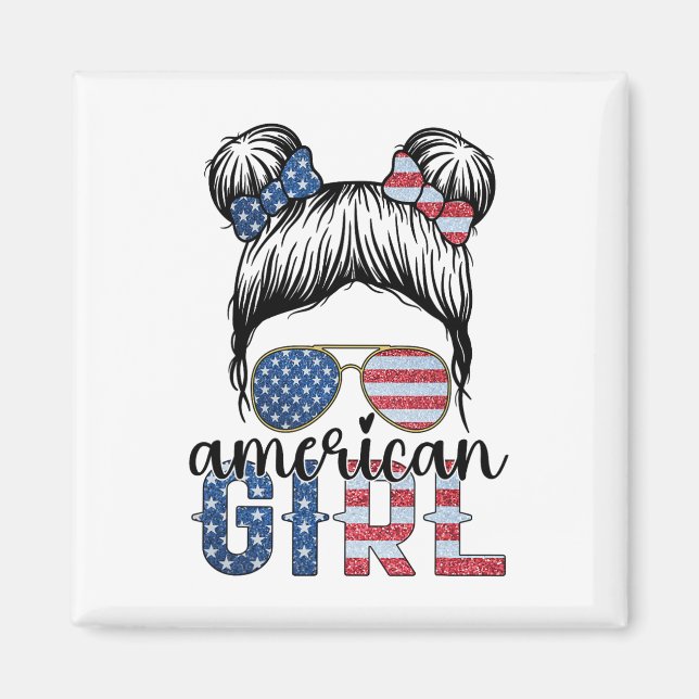 Aimant Fille américaine 4 juillet Messy Bun Drapeau améri (Devant)