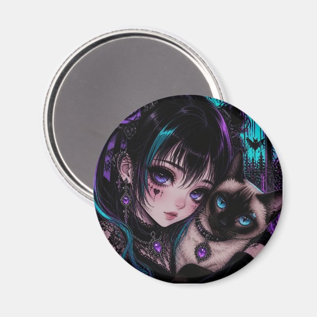 Aimant Fille Anime Emo Gothique & Chat (Recto/Verso)