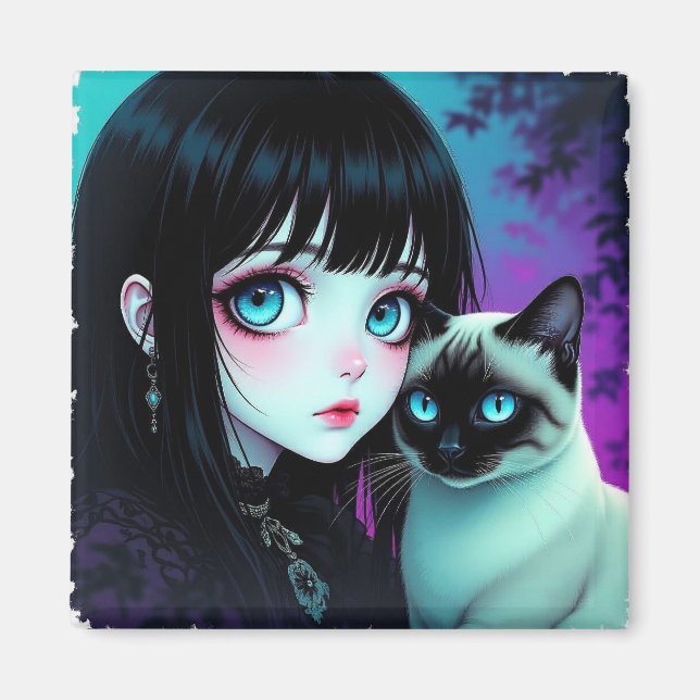 Aimant Fille Anime et Chat Siamois  (Devant)