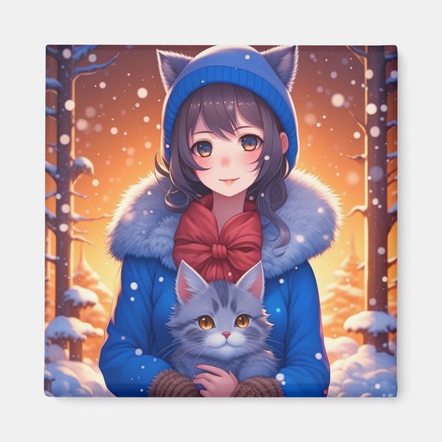 Aimant Fille Anime et un Chaton Hiver Noël (Devant)
