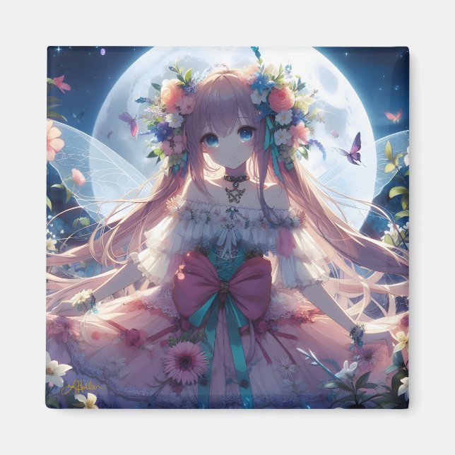 Aimant Fille Anime Fleur Lune Fée (Devant)