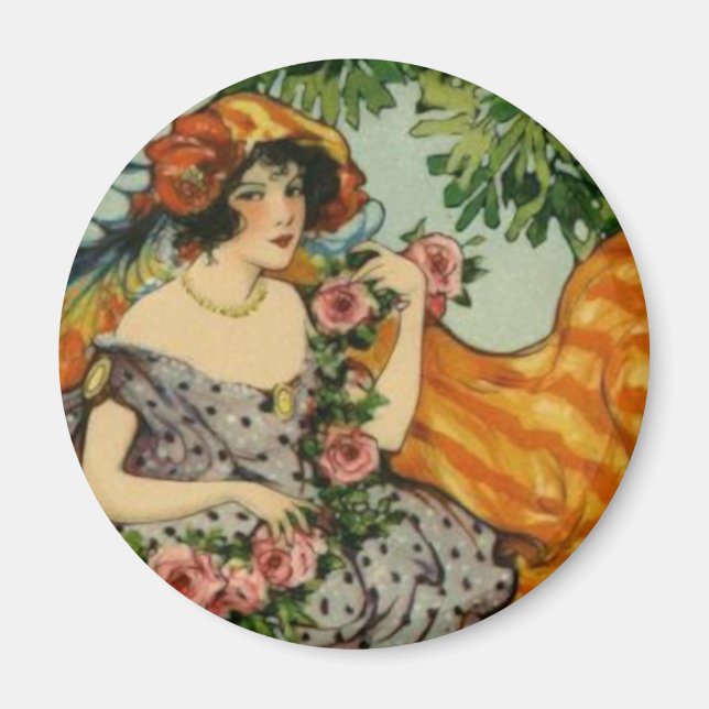 Aimant Fille Art Nouveau avec fleurs (Devant)