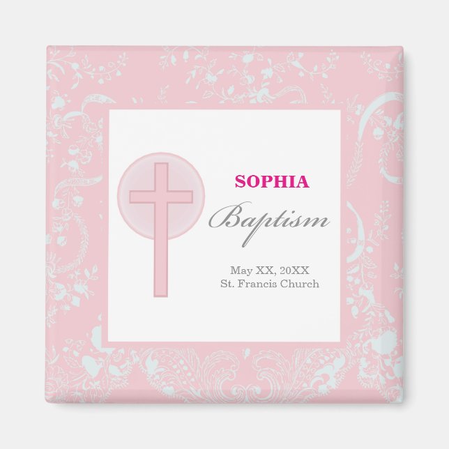 Aimant Fille au baptême avec dentelle rose (Devant)