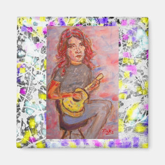 Aimant fille aux cheveux rouges et ukulele