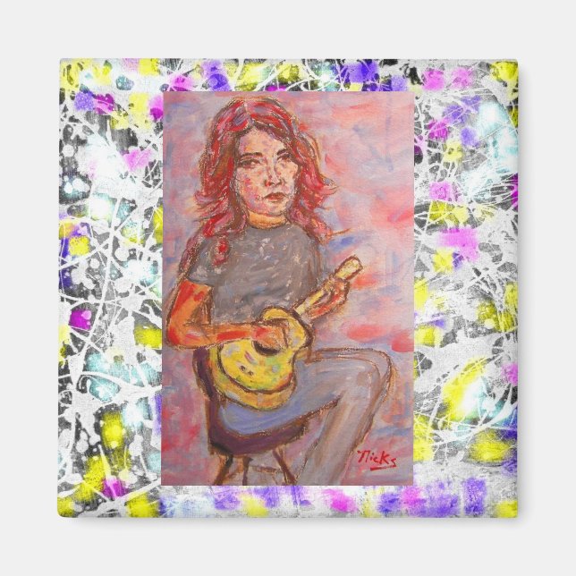 Aimant fille aux cheveux rouges et ukulele (Devant)