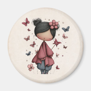 Aimant Fille avec baguette magique et papillons Mignonne