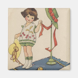 Aimant Fille avec le casquette et le poussin jaunes