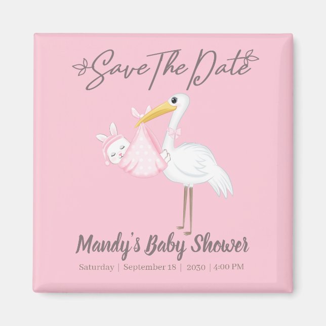 Aimant Fille Bébé Cigogne Rose Bain Épargnez la Date (Devant)