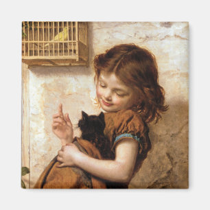 Aimant Fille, chat de Kitty et oiseau - peinture vintage