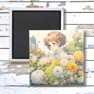 Aimant Fille d'anime dans des fleurs jaunes