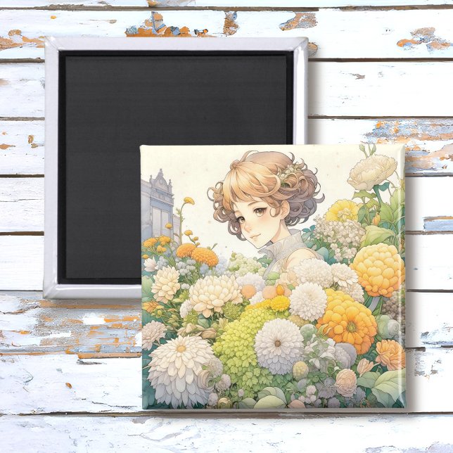 Aimant Fille d'anime dans des fleurs jaunes (Créateur téléchargé)