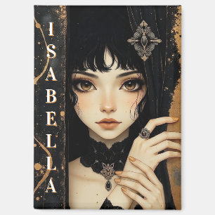 Aimant Fille d'anime gothique noir et or personnalisée