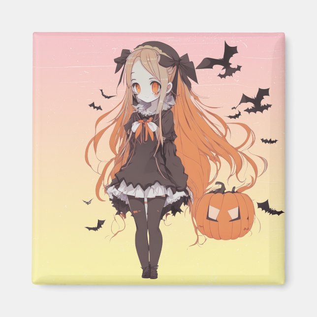 Aimant Fille d'anime Halloween rose et chauves-souris (Devant)