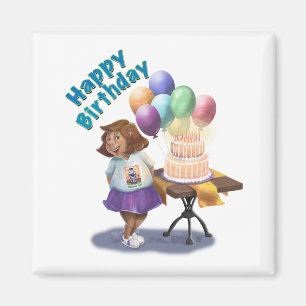 Aimant Fille d'anniversaire avec ballons et gâteau