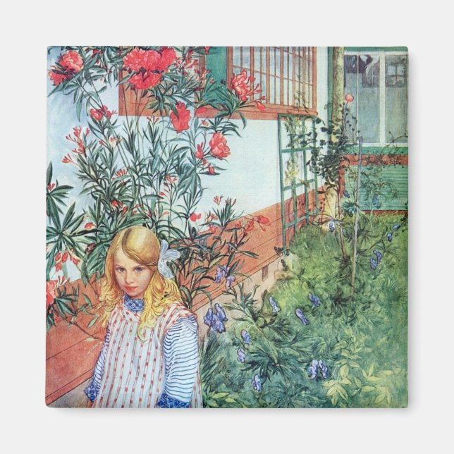 Aimant Fille dans le jardin avec des fleurs rouges (Devant)