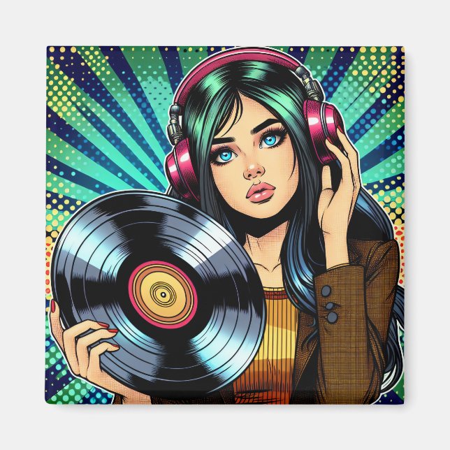 Aimant Fille de style pop art comic avec album vinyle (Devant)
