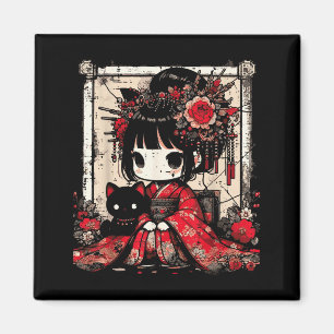 Aimant Fille en kimono Chibi Chat noir Fleurs Art japonai