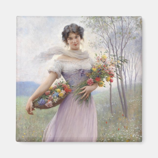Aimant Fille en Robe couleur Lilac avec un bouquet de fle (Devant)