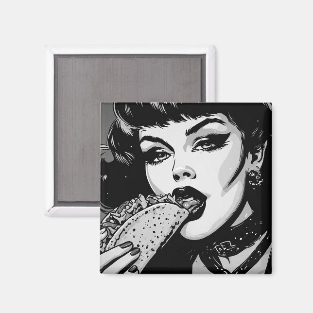 Aimant Fille gothique de style graphique BW 50s mangeant  (Recto/Verso)