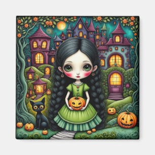Aimant Fille gothique mignonne Citrouille Village Hallowe