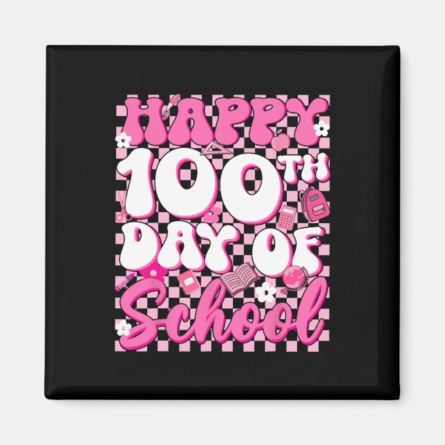 Aimant Fille joyeuse à carreaux groovy 100ème jour d'écol (Devant)
