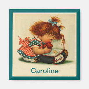 Aimant Fille mignonne lisant un livre avec le nom -