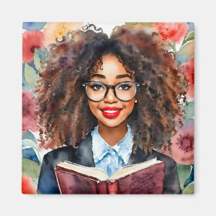 Aimant Fille Noire Portant Des Lunettes Avec Livre
