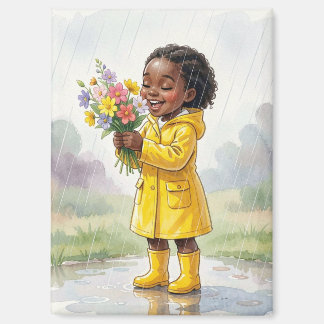 Aimant Fille noire sous la pluie tenant des fleurs – Douc