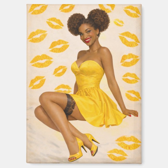 Aimant Fille Pin-Up Afro Rétro Glam en Robe Jaune  (Recto)