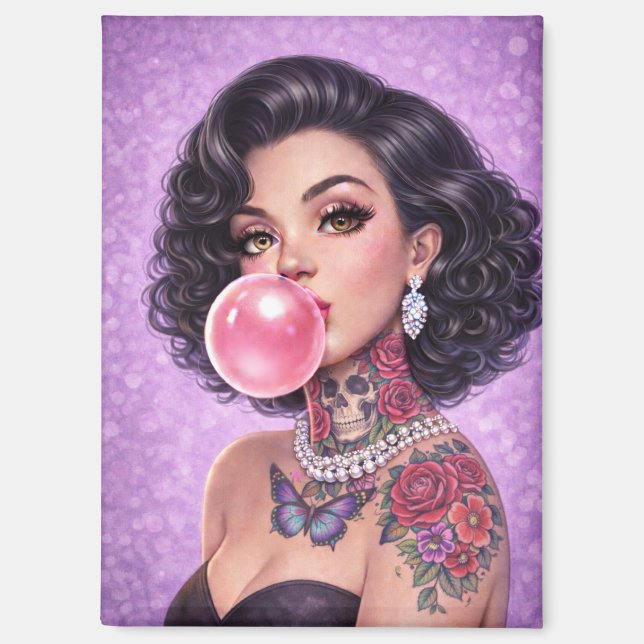Aimant Fille Pin-Up Bubble-Gum Cheveux Noirs – Rét (Recto)