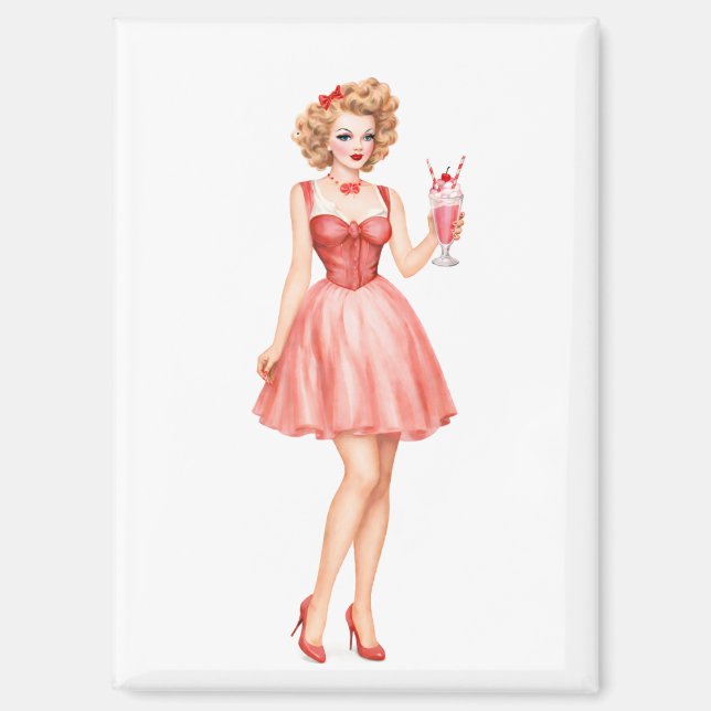 Aimant Fille Pin-Up Milkshake aux Fraises Vintage (Recto)