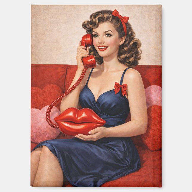 Aimant Fille Pin-Up Vintage avec Téléphone Baiser  (Recto)