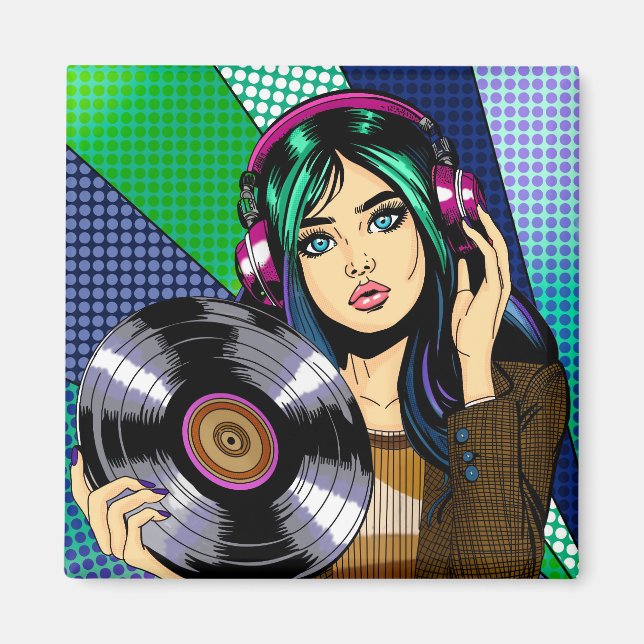 Aimant Fille Pop Art avec disque (Devant)