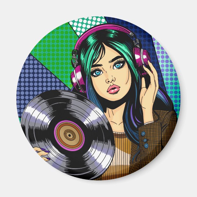 Aimant Fille Pop Art avec disque (Devant)