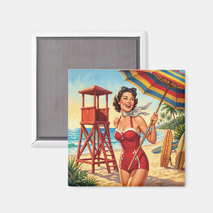 Aimant Fille Sauveteur de Plage Vintage Épinglée