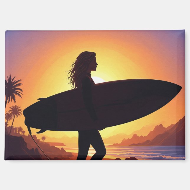 Aimant Fille surfeuse sur la plage (Recto)