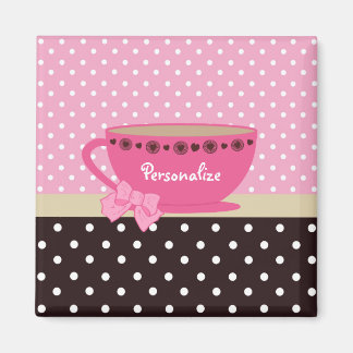 Aimant Fille Teacup rose et Brown Polka Dot Bow et nom