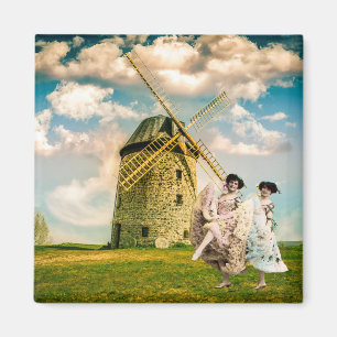 Aimant Filles de fleurs dansantes vintage et moulin à ven