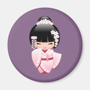 Aimant Fillette Kokeshi Kawaii en Kimono Rose sur Rond Vi