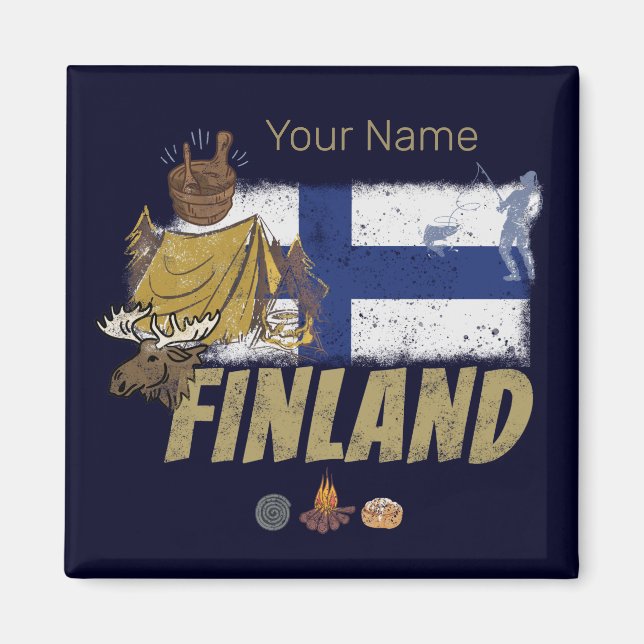 Aimant Finlande Moose Vintage Drapeau Tente Rétro Souveni (Devant)