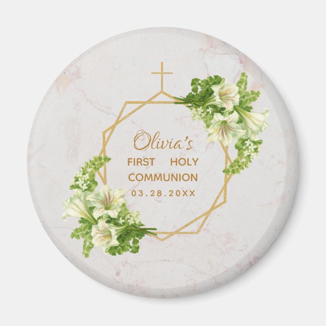 Aimant First Communion Floral White Lilies Marble Gold  (Devant)