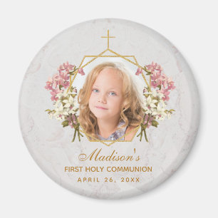 Aimant First Communion Girl Photo Floral Gold Pink Orchid