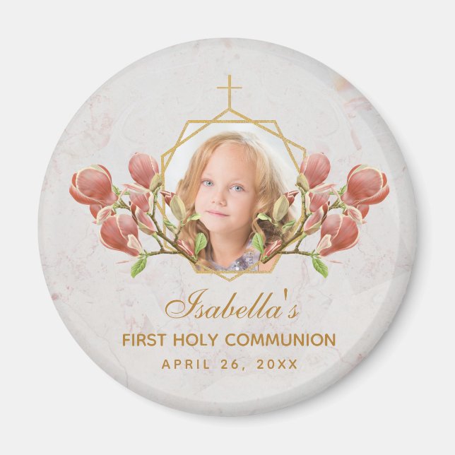 Aimant First Communion Girl Photo Floral Pink Magnolia  (Devant)