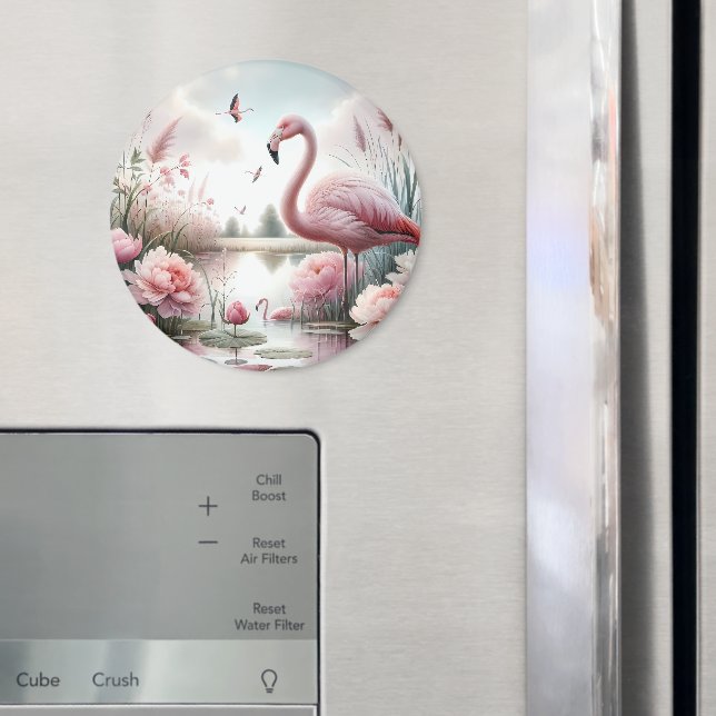Aimant Flamant rose en Pastel Pond Floral Scene (In situ (réfrigérateur))